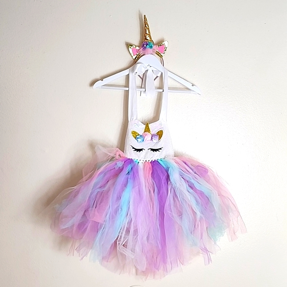 Girls M Rainbow Unicorn Tutu Apron With Unicorn Headband